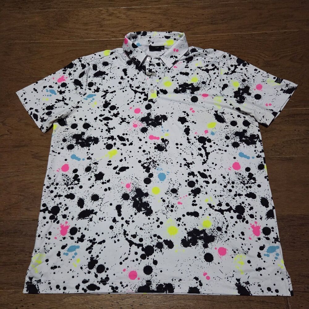 Sunday Swagger Men's Size Large White Splatter Paint Performance Polo Shirt